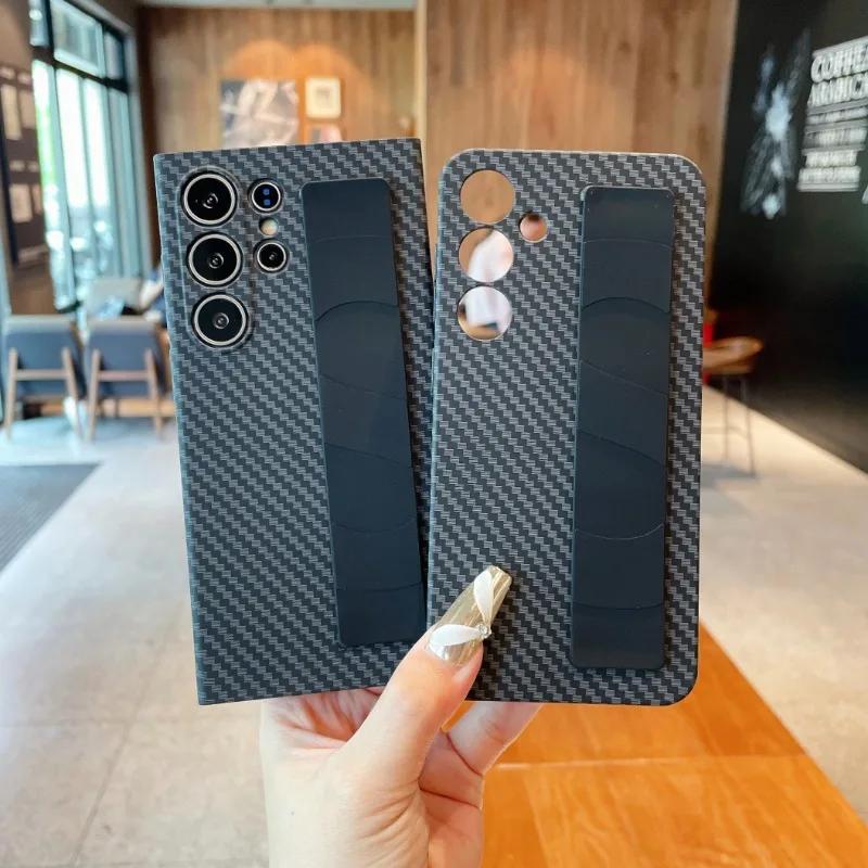 S25 Ultra Wrist Strap Carbon Fiber Phone Case for Samsung Galaxy S25 S24 S23 Ultra Plus 5G Silicone Wristband Protective Cover