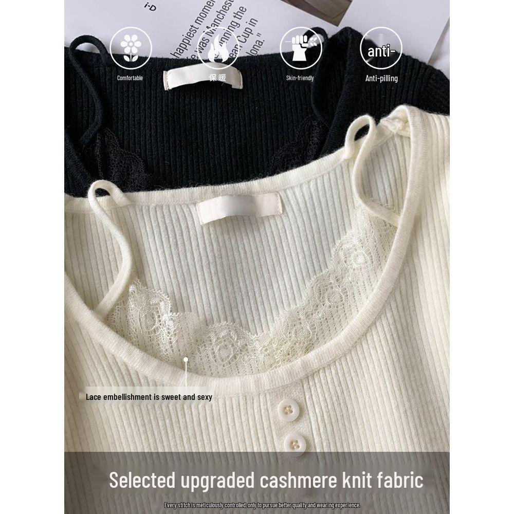 Lace-Trim Patchwork Knit Sweater: Women's Slim-Fit Low Collar Top for Autumn & Winter.
