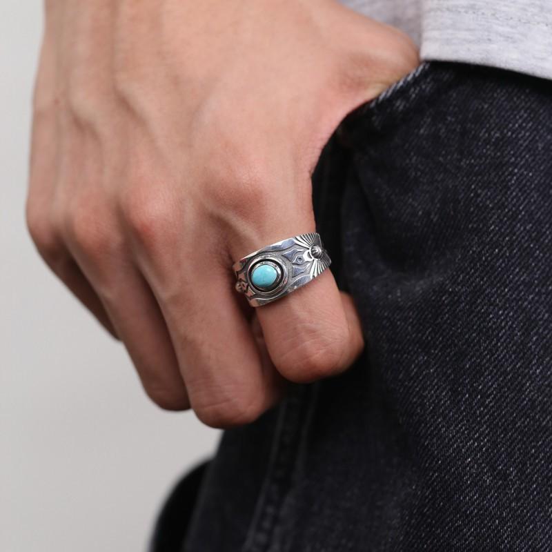 Mens Adjustable Turquoise Tone Ring With Tribal Handmade Vintage Style