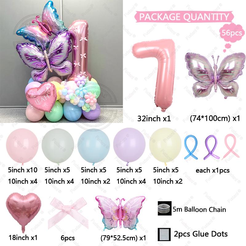 56pcs/set Butterfly Number Balloon Set Pink Numbers 1-9 Purple Butterflies for Valentine's Day Anniversary Birthday Party Decors