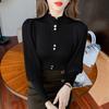 Figurbetonter Rollkragenpullover für Damen Frühling Herbst Chiffon-Patchwork Laternenärmel Strickware Slim Fit Oberteil