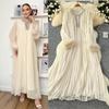 Autumn New Elegant Solid Color Dress Round Neck Diamond Loose Fluffy Splicing Pleated Dress