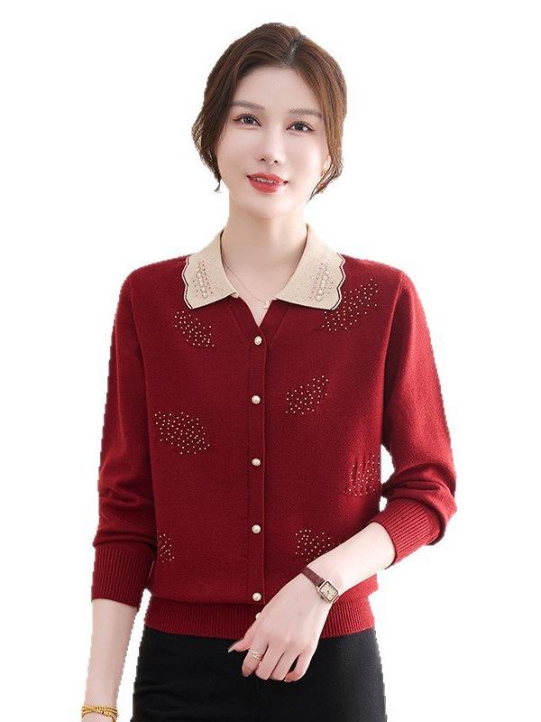 Autumn Stripe Knit Lapel Top for Middle-Aged and Elderly Women - New 2026 Style
