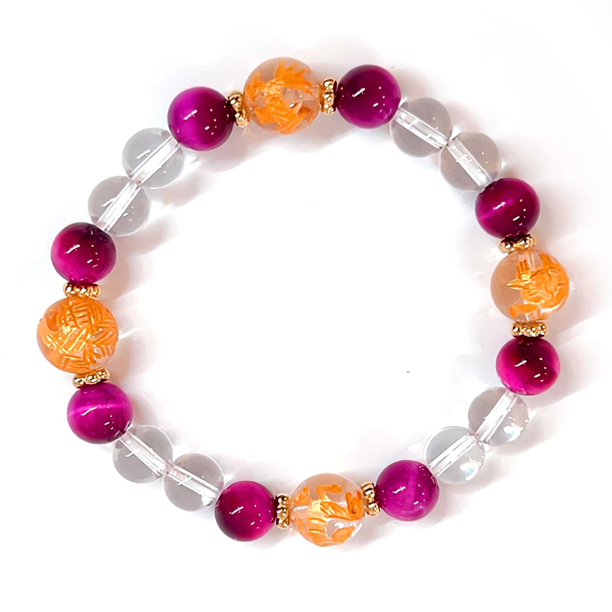 

Power Stone Bracelet for Increased Pink Tiger Natural Amulet for Business Overall Good Rainbow Four Gods Carved Made in Japan by Onmyodo Master Keiya розовый