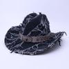 Cappello western cowboy blu con bordo grezzo retrò, cappello stile retrò testa di toro, bordo arricciato, cappello jazz da esterno