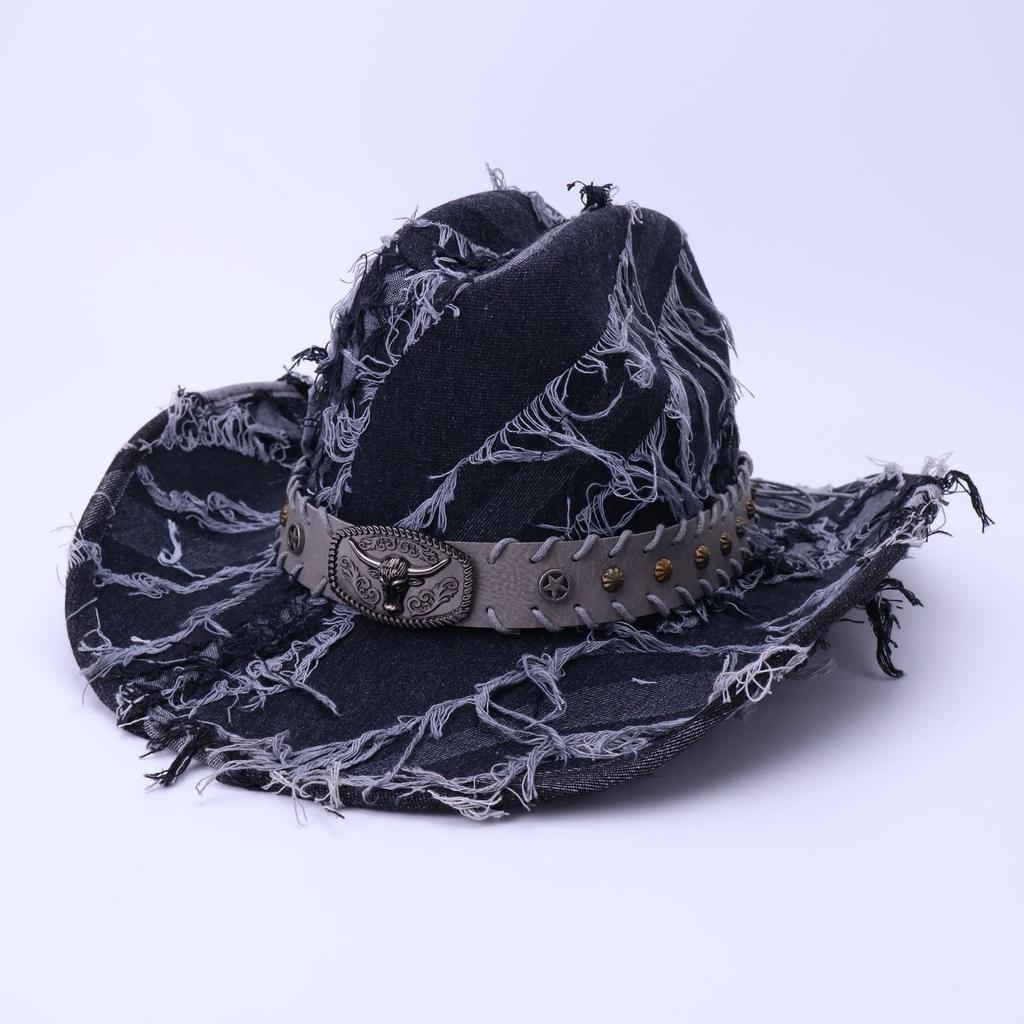 Cappello western cowboy blu con bordo grezzo retrò, cappello stile retrò testa di toro, bordo arricciato, cappello jazz da esterno