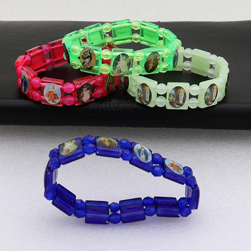 2Pcs Vintage Jesus And Virgin Mary Pvc Rosary Bead Bracelet With Elastic Band Religious Image Stickers For Daily Wear Parties