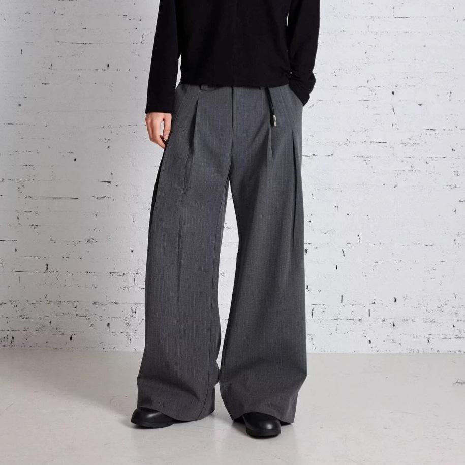 Old Money Drape A-word Double Pleated Straight Pants Men's Spring and Autumn American Multi-button Commuter Striped Casual Pants