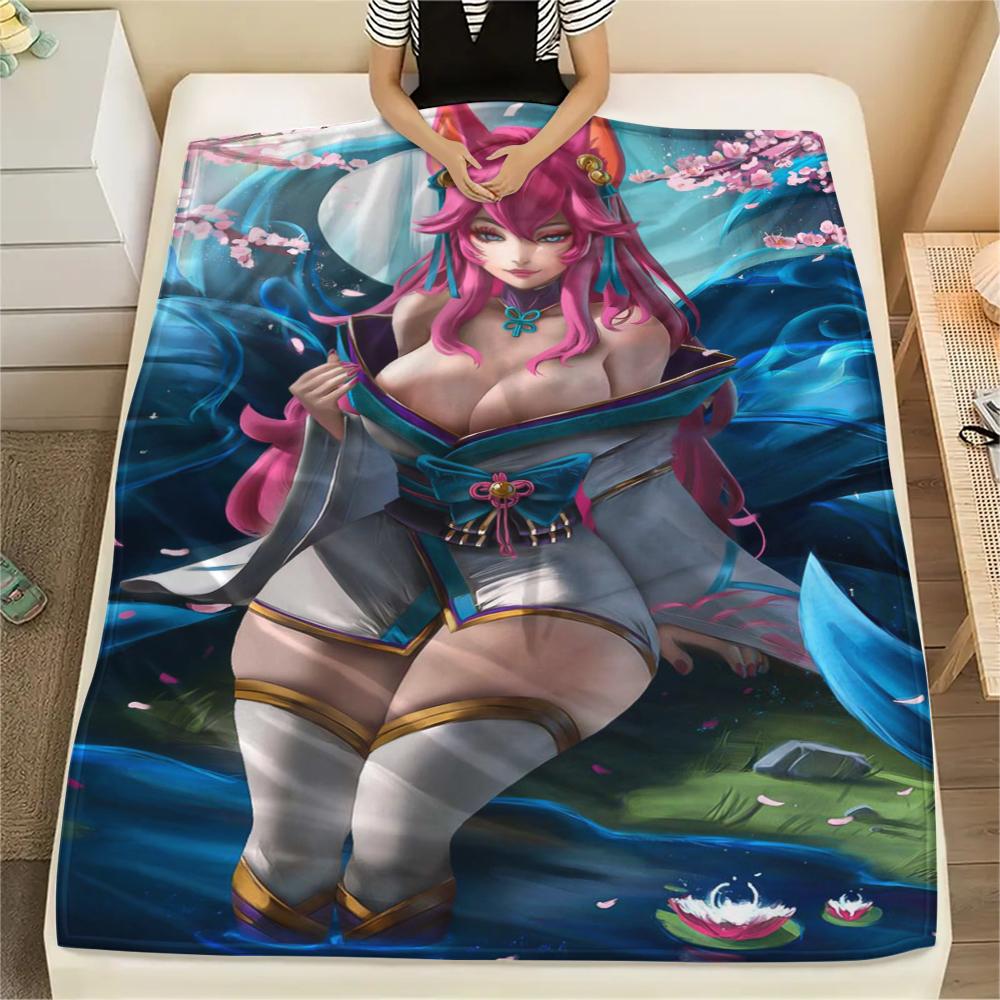 1Pc KDA Ahri Print Flannel Blanket, High Quality Comfortable for All Seasons, Home Decor, Warmth and Comfort, Perfect for Gifts