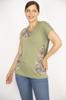 Women's Big Size Blouse Khaki Plus Size Crew Neck Front Printed Short Sleeve Blouse