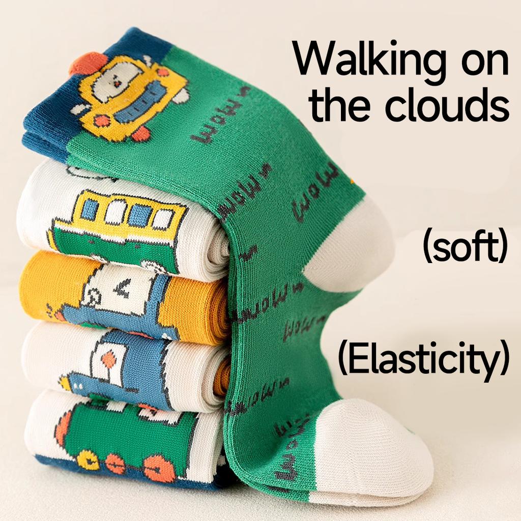 5Pairs Children Socks Childhood Fun Car Bright Color Soft Elasticity Abrasion Resistance Leisure Middle Sports Socks 1-16Years