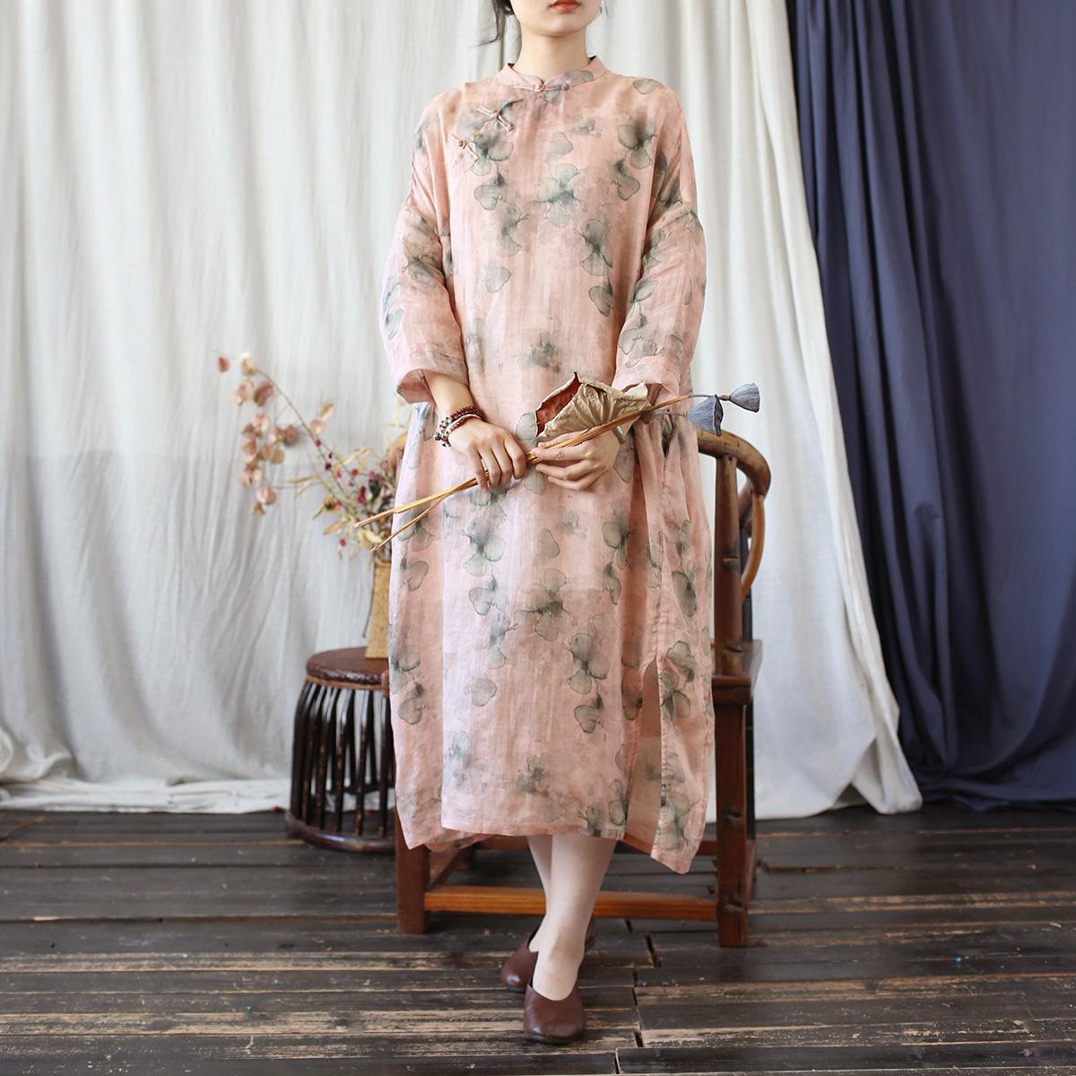 

Johnature Vintage Women Dress Autumn Print Floral Stand Long Sleeve Button A-Line High Quality Dress One Size