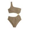 One Shoulder Cut Out One Piece Swimsuit Textured Fabric Monokini with Decorative Ring Detail Beachwear for Women