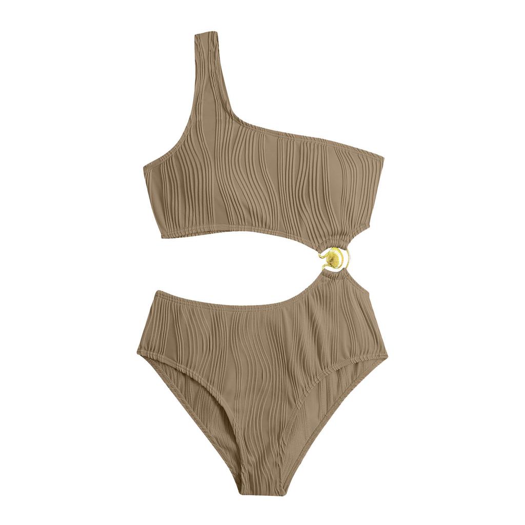 One Shoulder Cut Out One Piece Swimsuit Textured Fabric Monokini with Decorative Ring Detail Beachwear for Women