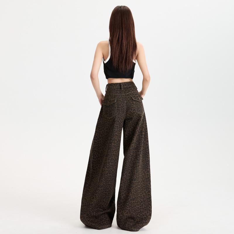 Women Leopard Print Wide Leg Jeans High Waist Loose Vintage Trousers Casual Floor-Length Denim Pants