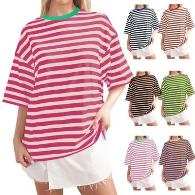 Women Oversized Striped Color Block Shirt Short Sleeve O-Neck T-Shirts Casual Loose Pullover Tops Summer Tee Tops