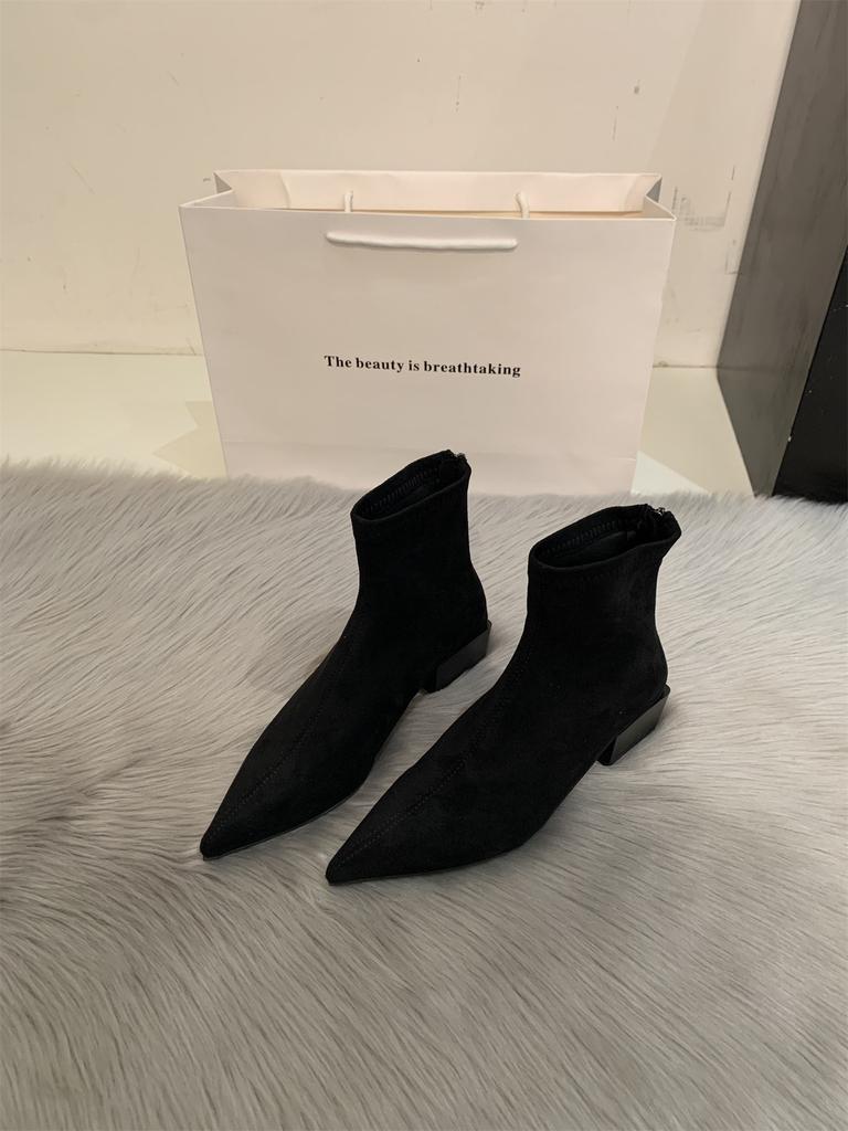 French suede pointed thick heel short boots women's autumn and winter new rear zipper low heel bare boots elastic thin socks boots women