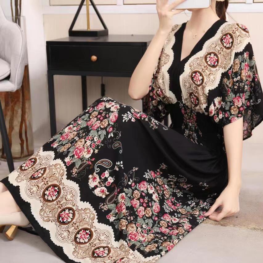 Ethnic Style V-neck Cotton and Silk Short-sleeved Beach Dress Thailand Travel Dress Summer Print Vacation Floral Skirt