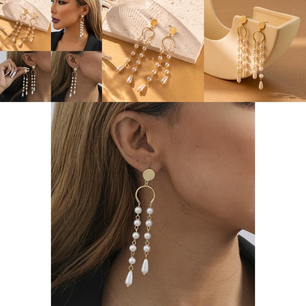 Trendige Hängeohrringe mit künstlichen Perlen und asymmetrischem Quastendesign in Goldplattierung