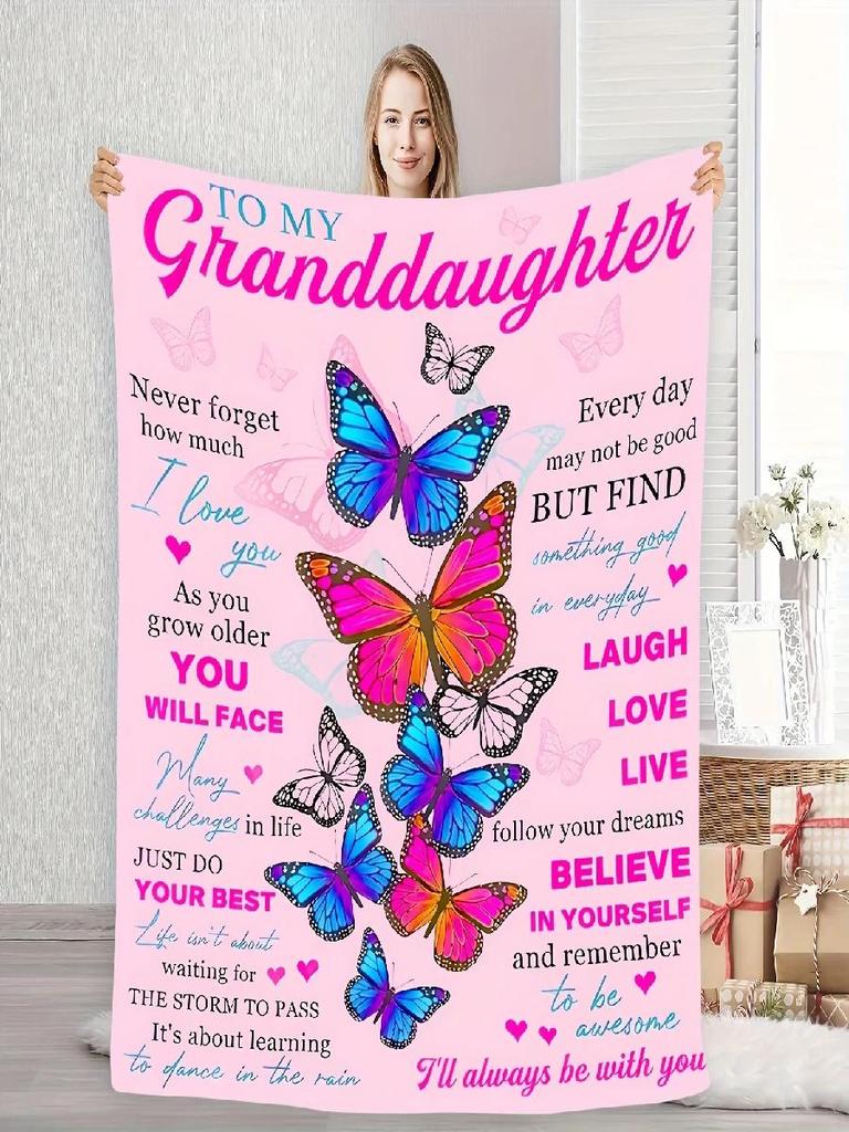 To My Granddaughter Warm Wishes Butterfly Pattern Fleece Throw Soft Cozy Blanket with Inspirational Message for Her