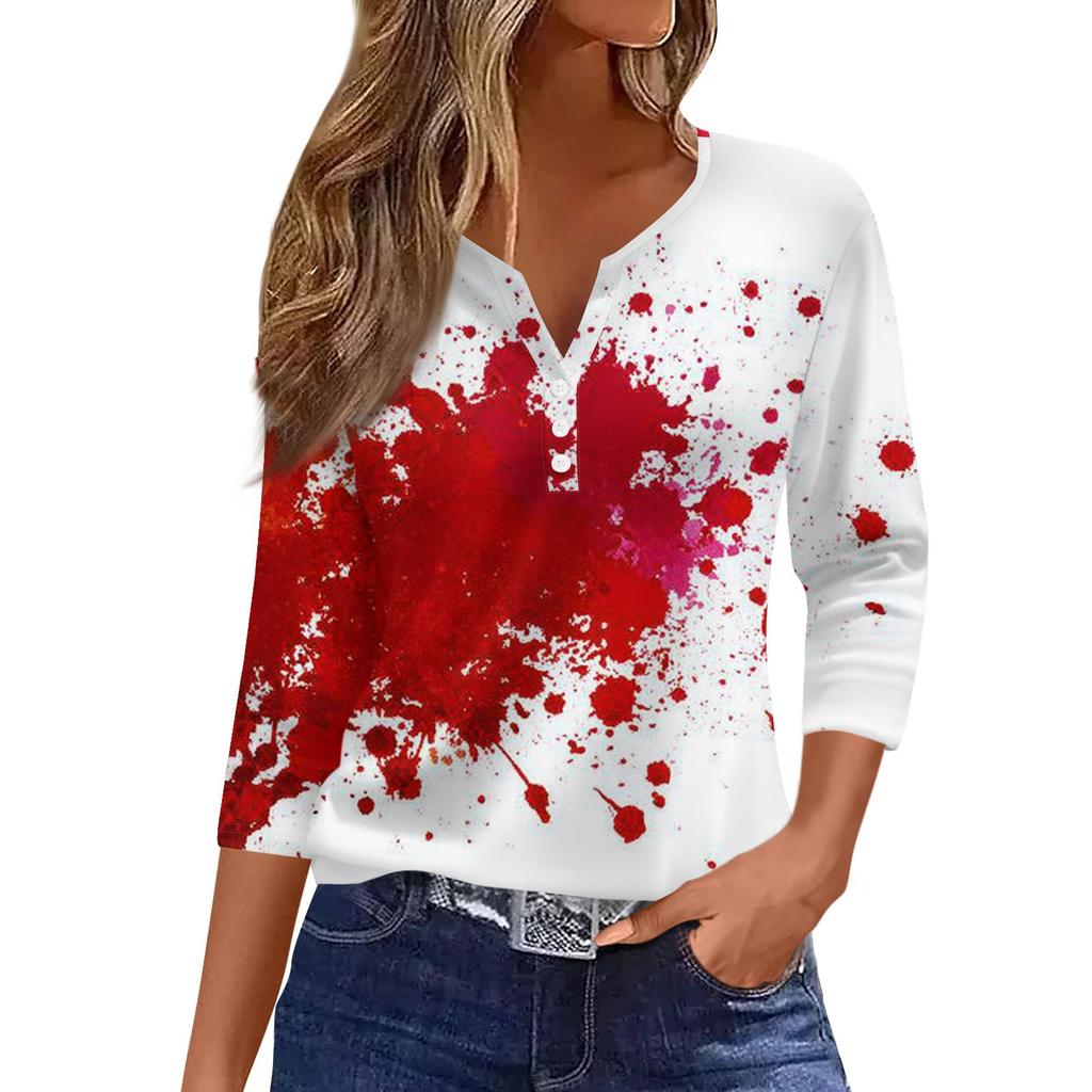 Damen Lässige Mode V-Ausschnitt Locker Vielseitig Halloween-Print Dreiviertelarm Oberteil