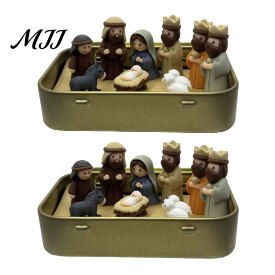 Nische Kreatives Weihnachtsgeschenk Mini-Weihnachtskrippe in einer Blechdose, 3D-gedruckte Taschengröße Heilige Familie Retro Metall-Aufbewahrungsbox Figuren,