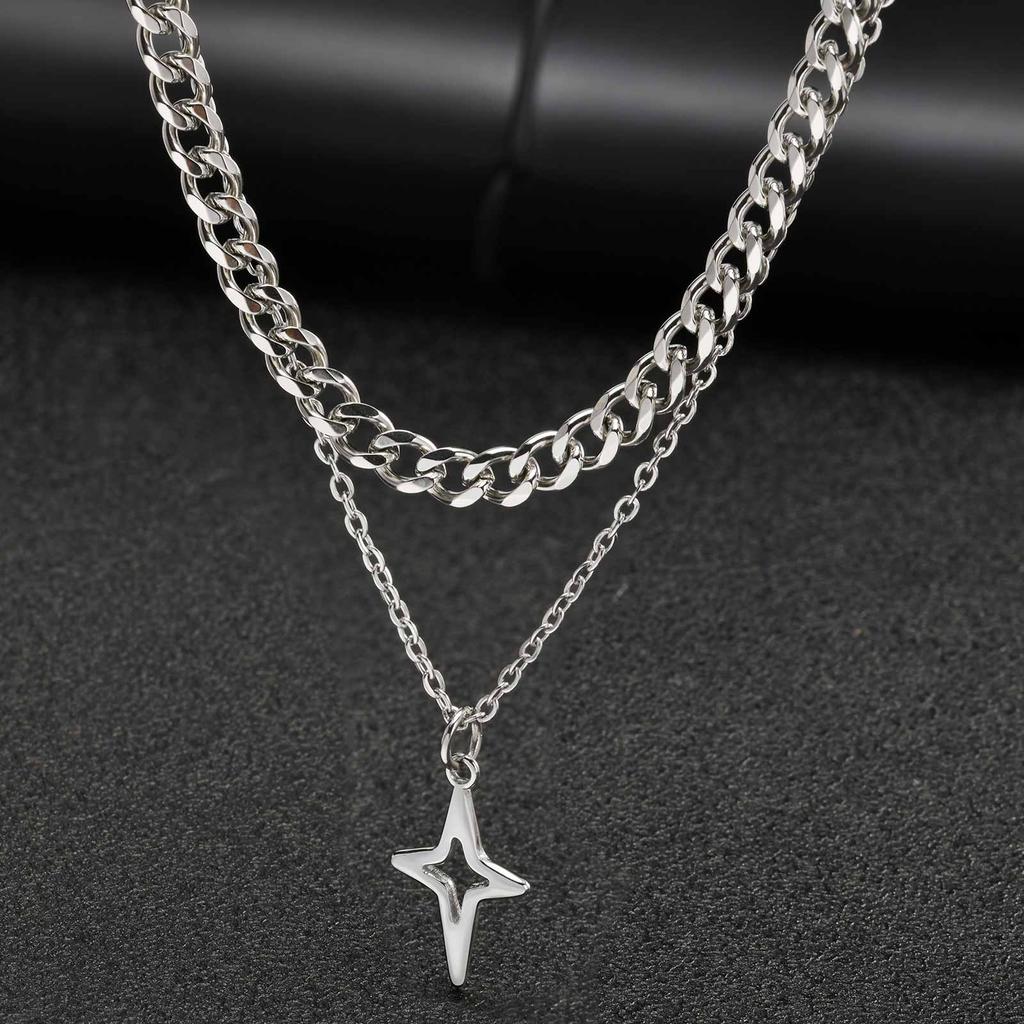 Hip-hop 2pcs Star Necklace for Men Boys,Trendy Stainless Steel Silver Color Four-point Star Stacked Chokers Gift