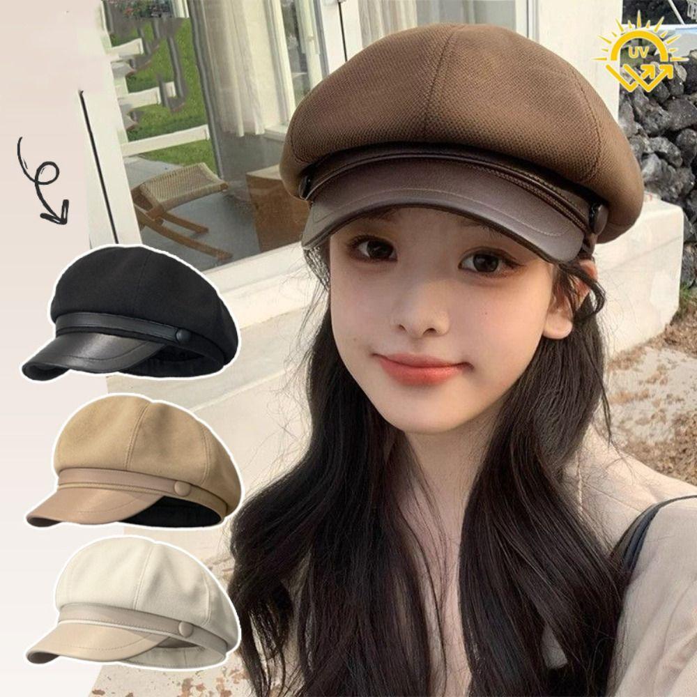 Retro Wool Octagonal Hat Korean Style Painter Hat Fashion Pu Leather Beret  Travel