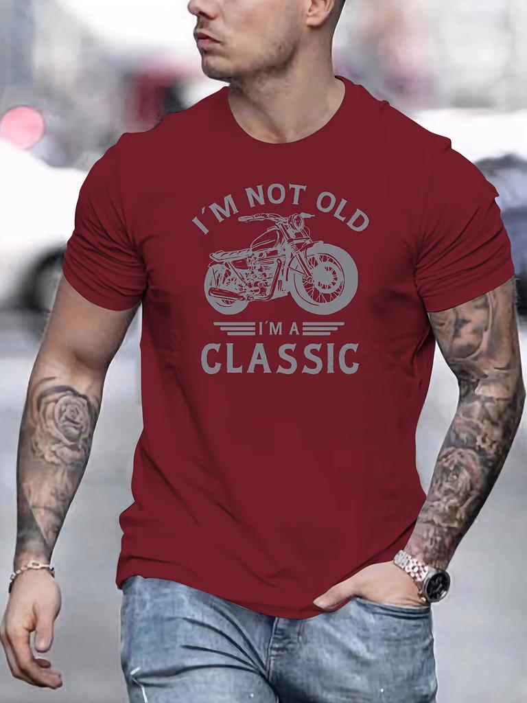 Summer Men's 100% Cotton Casual Loose Soft Motorcycle Letter Creative Printed Round Neck Short Sleeve Breathable T-shirt Top