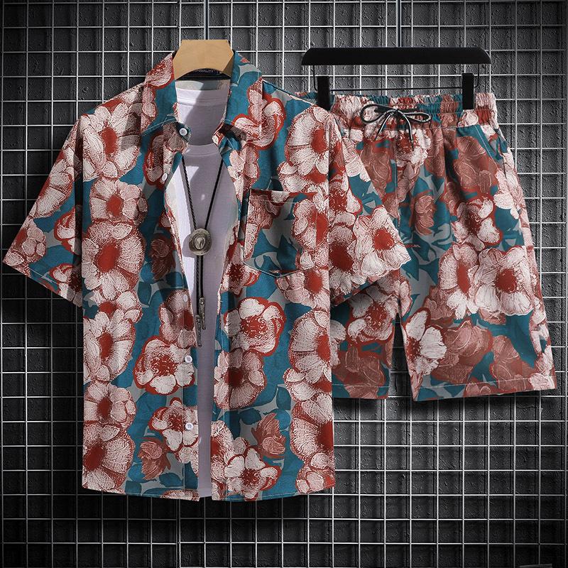Herren Retro Blumen Kurzarm Hemd Set - Hainan Strandmode, Sanya & Hawaii Stil