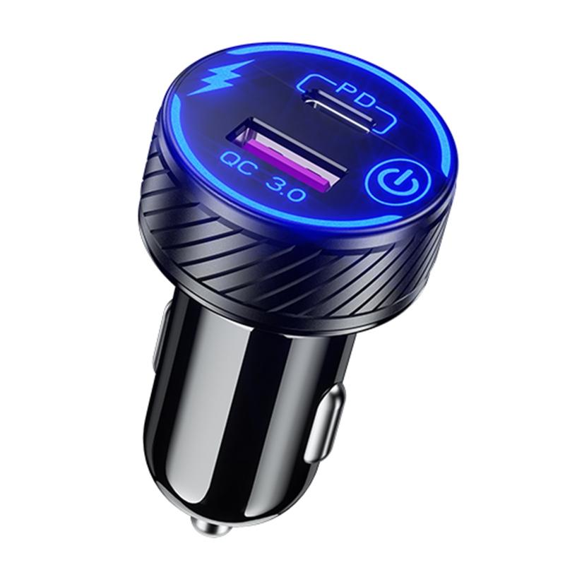Universal QC3.0 USB Dual Port USB C Type C PD Car Adapter Fast Car Charger with for Touch Power Switch LED Backlight