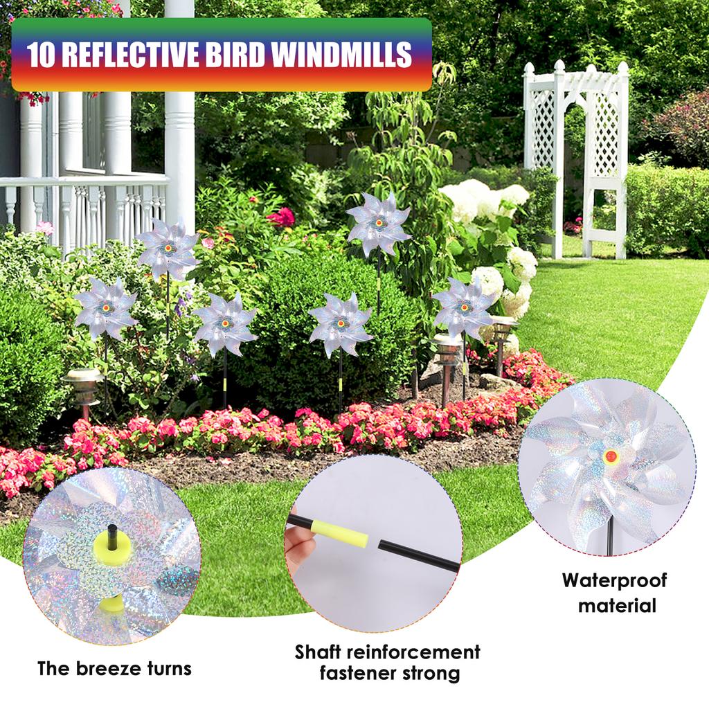 10Pcs Reflective Bird Repellent Windmill Outdoor Rotating Wind Spinner Scare Pigeon Repellent for Garden Lawn Yard Decor