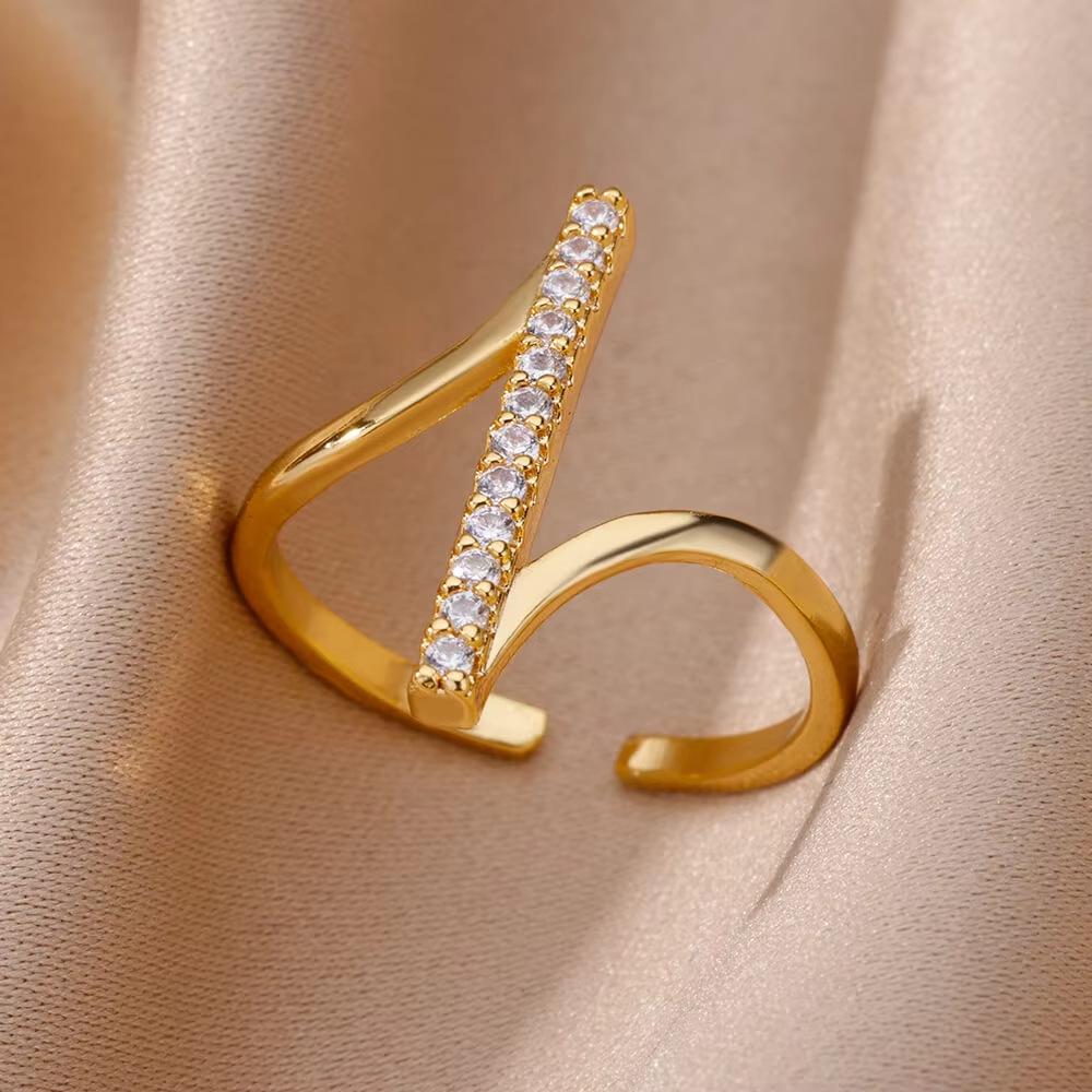 18K Gold Plated Open Ring with Zirconia Leaf Design - Luxurious, Non-Fading, Ideal for Women