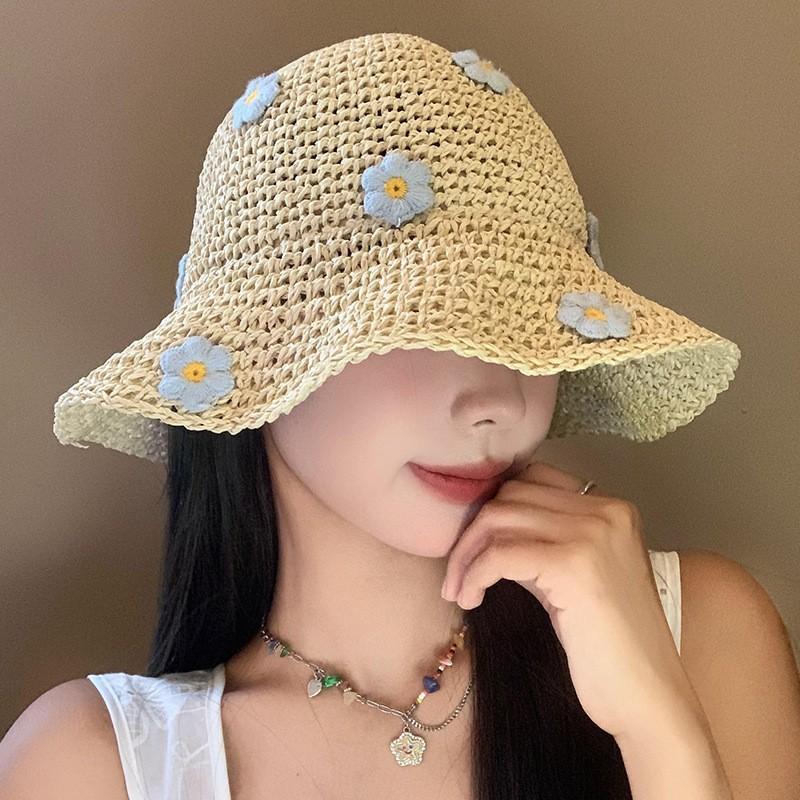 Seaside Flower Straw Hat Women Summer Foldable Sunscreen Sunshade Bucket Hat Vacation Wind Travel Hollow Woven Hat