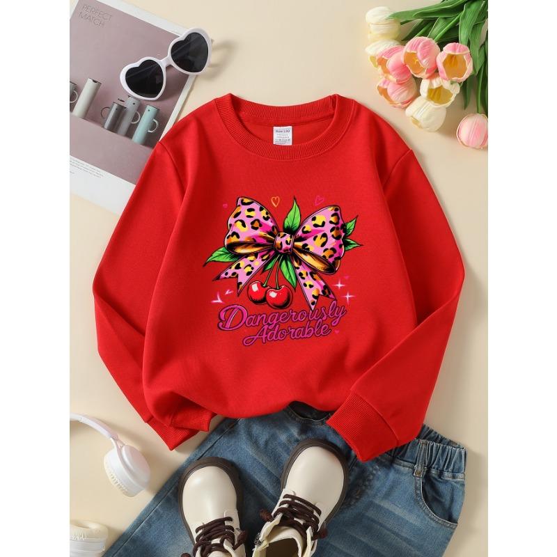 European Sizes Girls' Round Neck Fashion Sweatshirt, Pink Leopard Bow Cherries Hearts, Autumn Winter Trendy Print, Casual And Sporty.