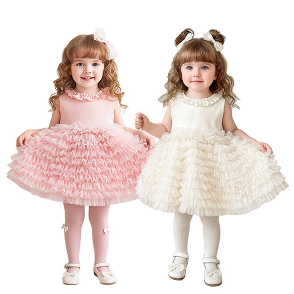 Baby Girl 1st Birthday Dress Solid Sleeveless Tiered Cake Skirt Fluffy Princess Party Gown Elegant Vest
