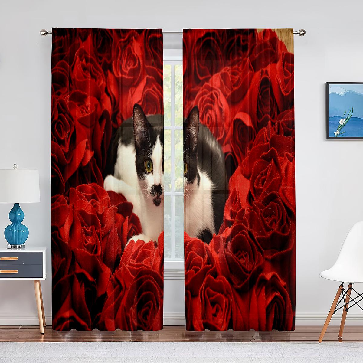 

Милый котенок в цветах, прозрачная вуаль, каваи, кошка, животное, современные оконные тюлевые шторы для гостиной, спальни, кухни, декор 1 PCS W100XH250cm&Grommet Top