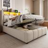 Letto imbottito 90*200cm con illuminazione LED e porta USB, testiera con mensole e spazio contenitore, letto singolo per bambini, beige lino