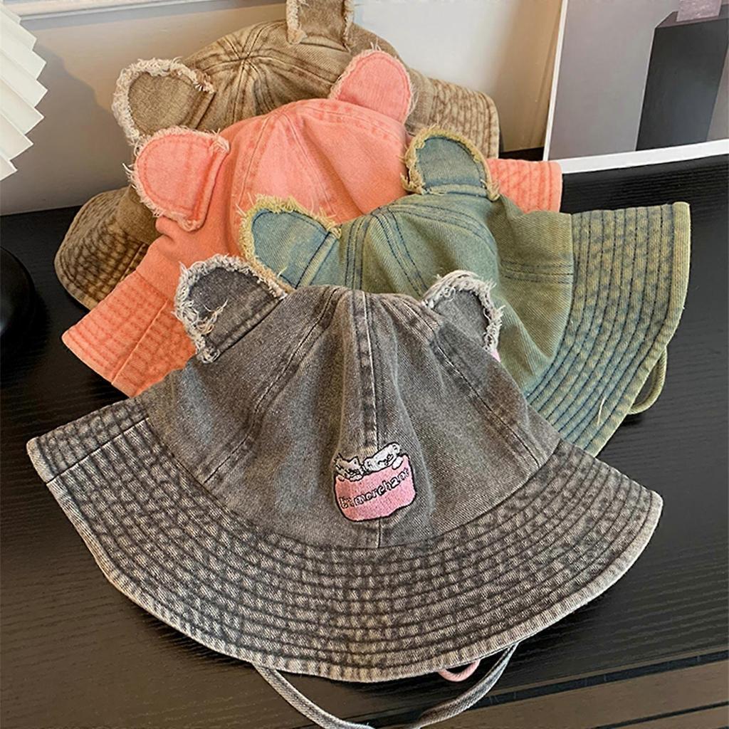 Multiuse Cotton Fisherman Hat with Bear Ear Spring Windproof Bucket Hat Soft Floppy Hat for Female Hiking and Camping  Pink