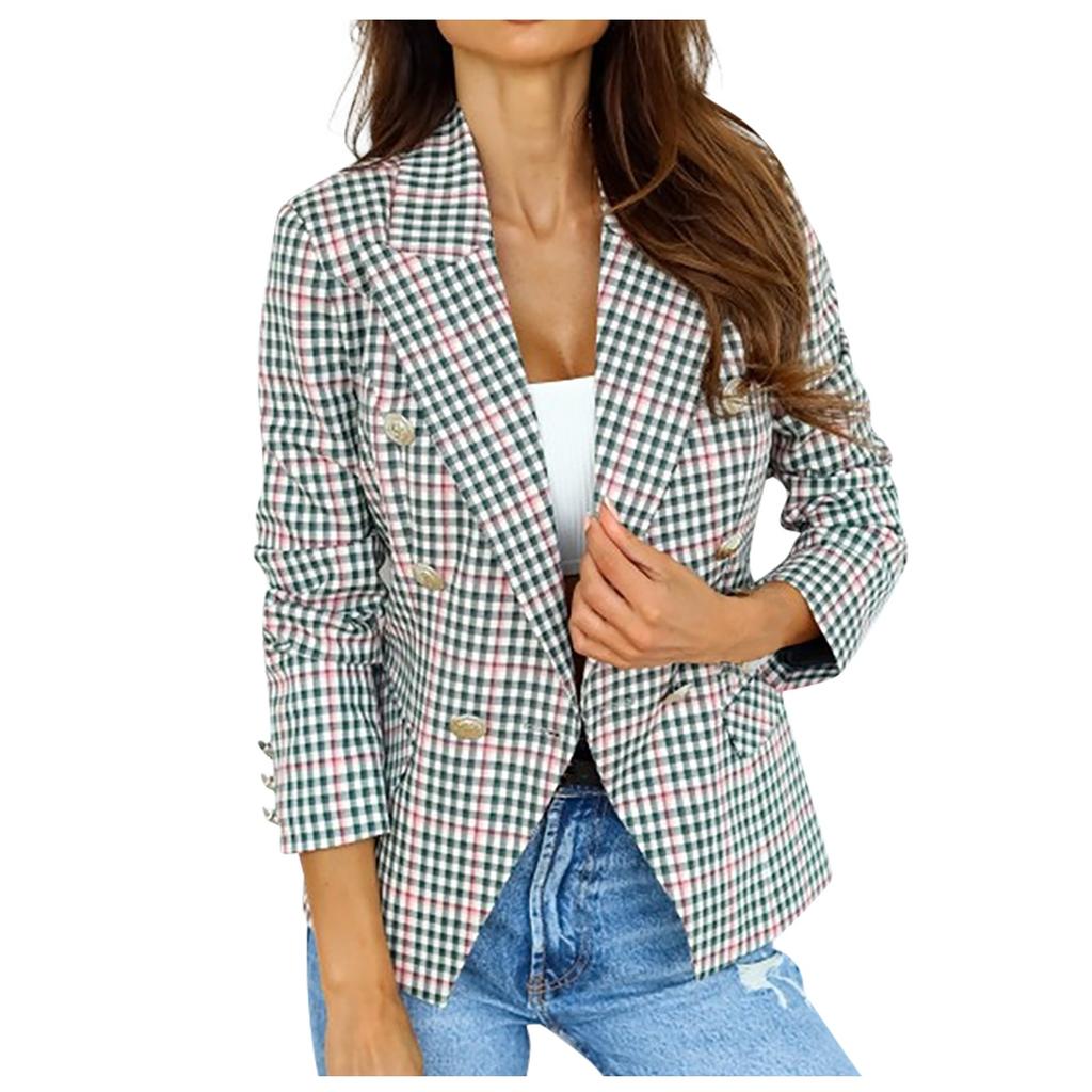 Ladies Fashion Casual British Suit Lapel Check Double-breasted Jacket