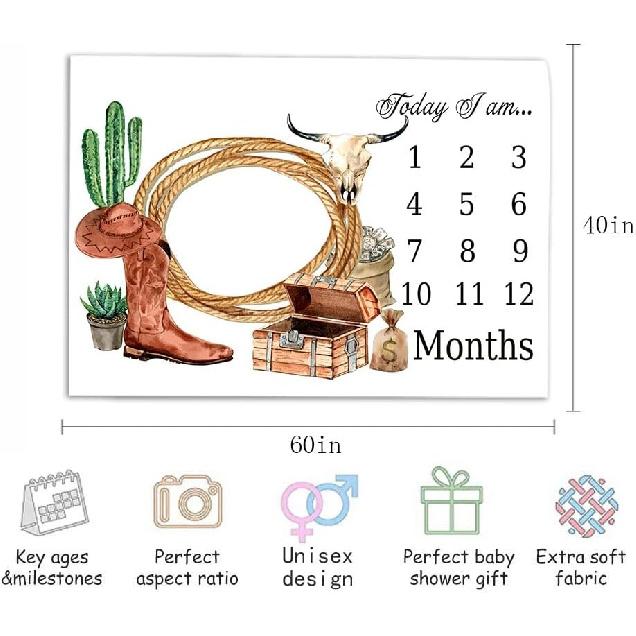

Ковбойский детский ежемесячный плед для вех для мальчика, 60x40 дюймов, плед из мягкой фланели с веревкой, сапогами и шляпой для новорожденного, подарок для молодой мамы, таблица роста ребенка
