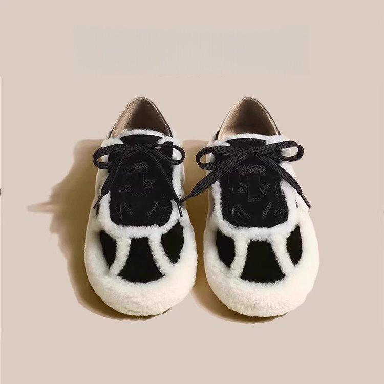 

[Fried chicken fashion] Casual shoes, snow cotton women s lamb wool shoes lace-up versatile splicing velvet bean shoes 35