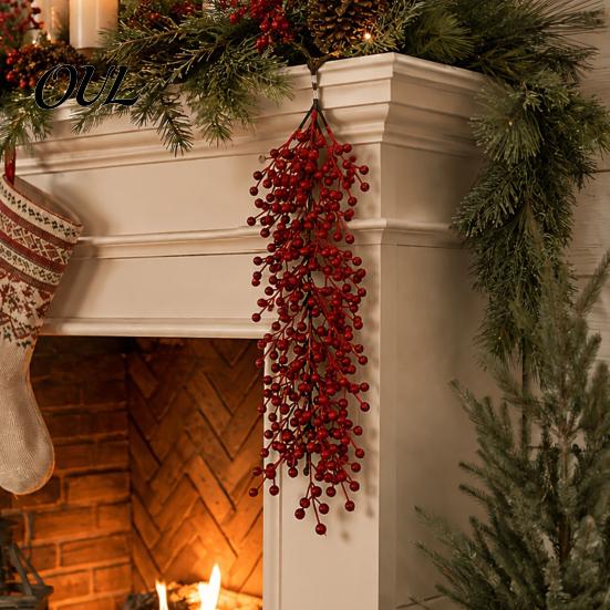 Wedding Background Floral Decor Artificial Red Berry Swag Branch, Christmas Rustic Style Wall Holiday Door Decoration Hangings, Seasonal Waterfall