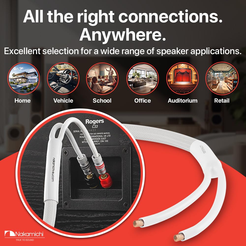 Nakamichi Excel Series 24k Gold Plated Banana Plugs and Speaker Cable Wire Oxygen Free Copper Heavy Duty Braided for Amplifier Home Theater Black