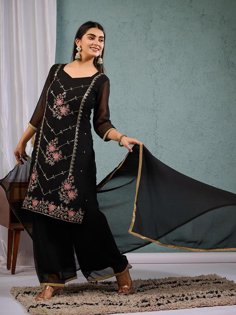 Women Black Embroidered Kurta Palazzo Set with Dupatta Ethnic Party Wear Indian Suit