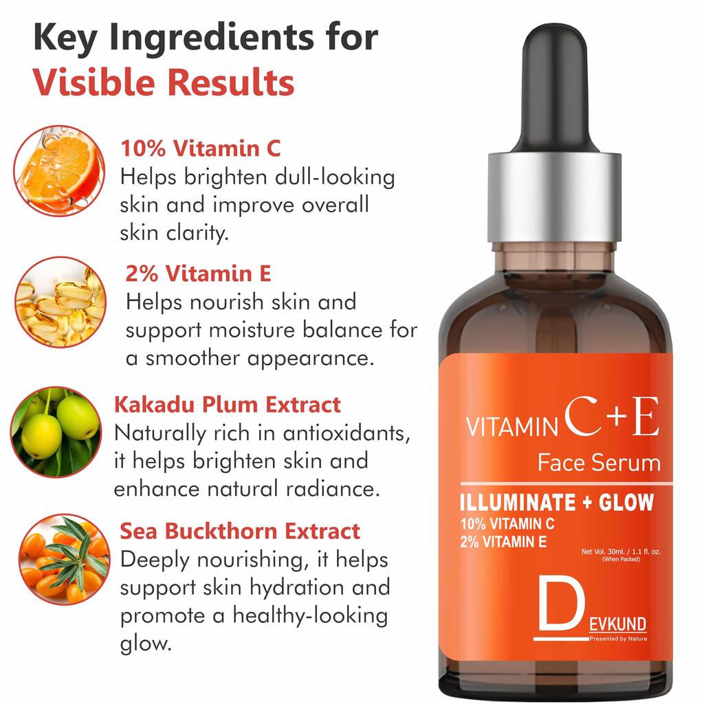 Sérum Facial de Vitamina C al 10% con Vitamina E al 2% 30ml | Sérum Iluminador y Radiante para la Piel | Reducción de Manchas Oscuras, Fórmula Hidratante y Antiedad para Todo