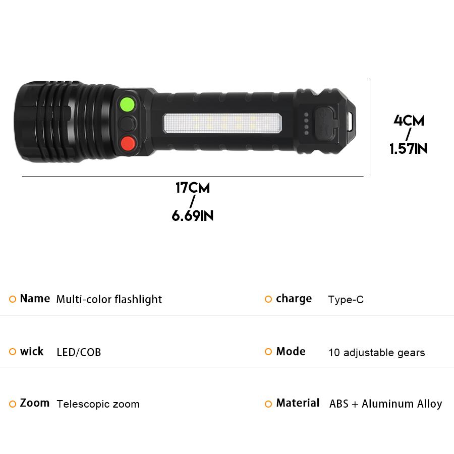 Multifunctional LED Flashlight USB Rechargeable Tactical Zoom Flashlight COB Floodlight Emergency Torch Three-color Signal Light