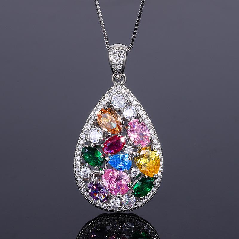 Huayue Jewelry Set Rainbow Water Drop Gem Necklace Women'S Color Tourmaline Earrings Zircon Ring