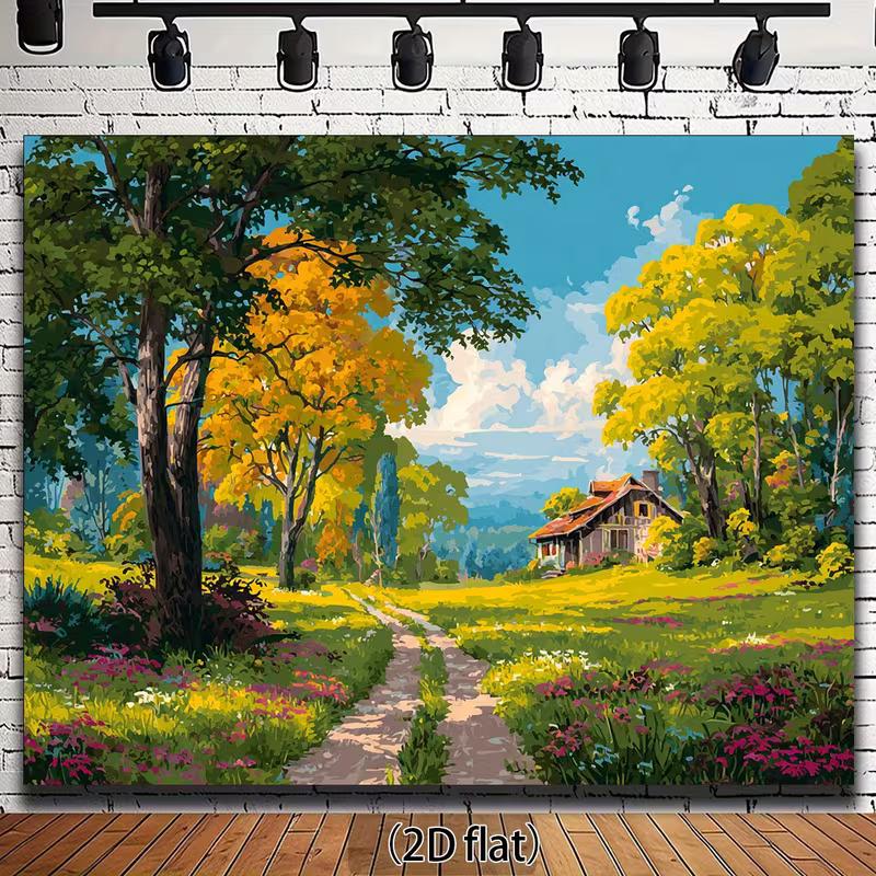 2D Fall Meadow Cottage Backdrop Oil Painting Nature Scenery Photography Background