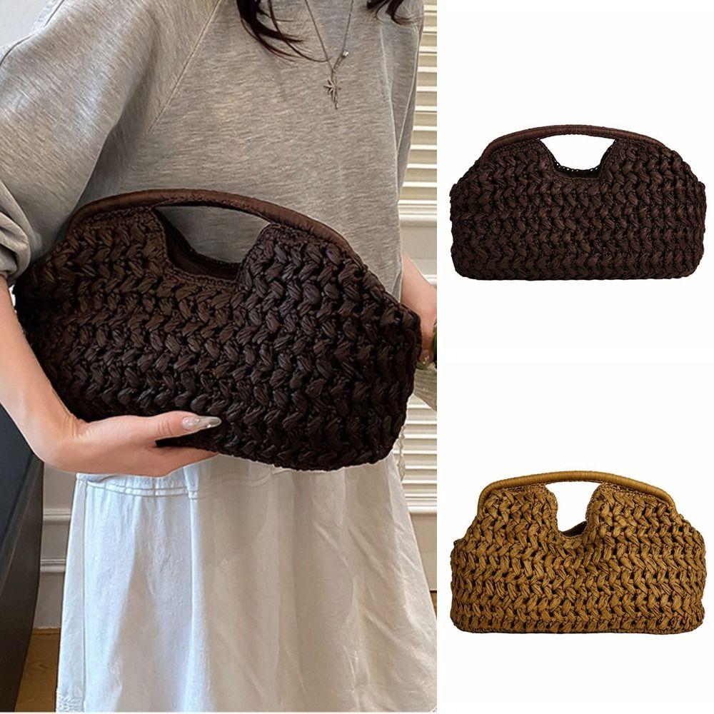 Large Capacity Woven Handbag Grass Clutch Crescent Bag Trendy Straw Bag Girls
